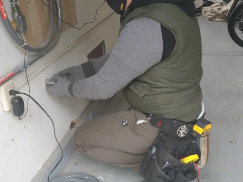 Electrician performing outlet wiring in a Freeburg garage